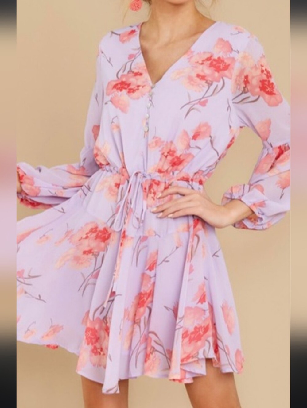 entro Lavender Floral Tie-Waist Long Sleeve Dress